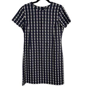 Theory 10 Black Blue Jatinn Geometric Plaid Tile Print Shift Dress Short Sleeve